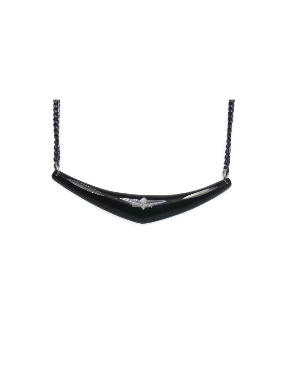 Vintage Silver Tone  and Black Enamel Lightweight Aluminum 16 Inch Bib Necklace.